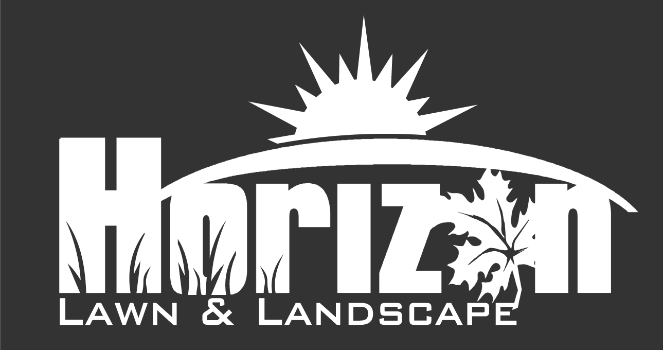 HORIZON Lawn & Landscape logo with white text and sunburst over a dark background