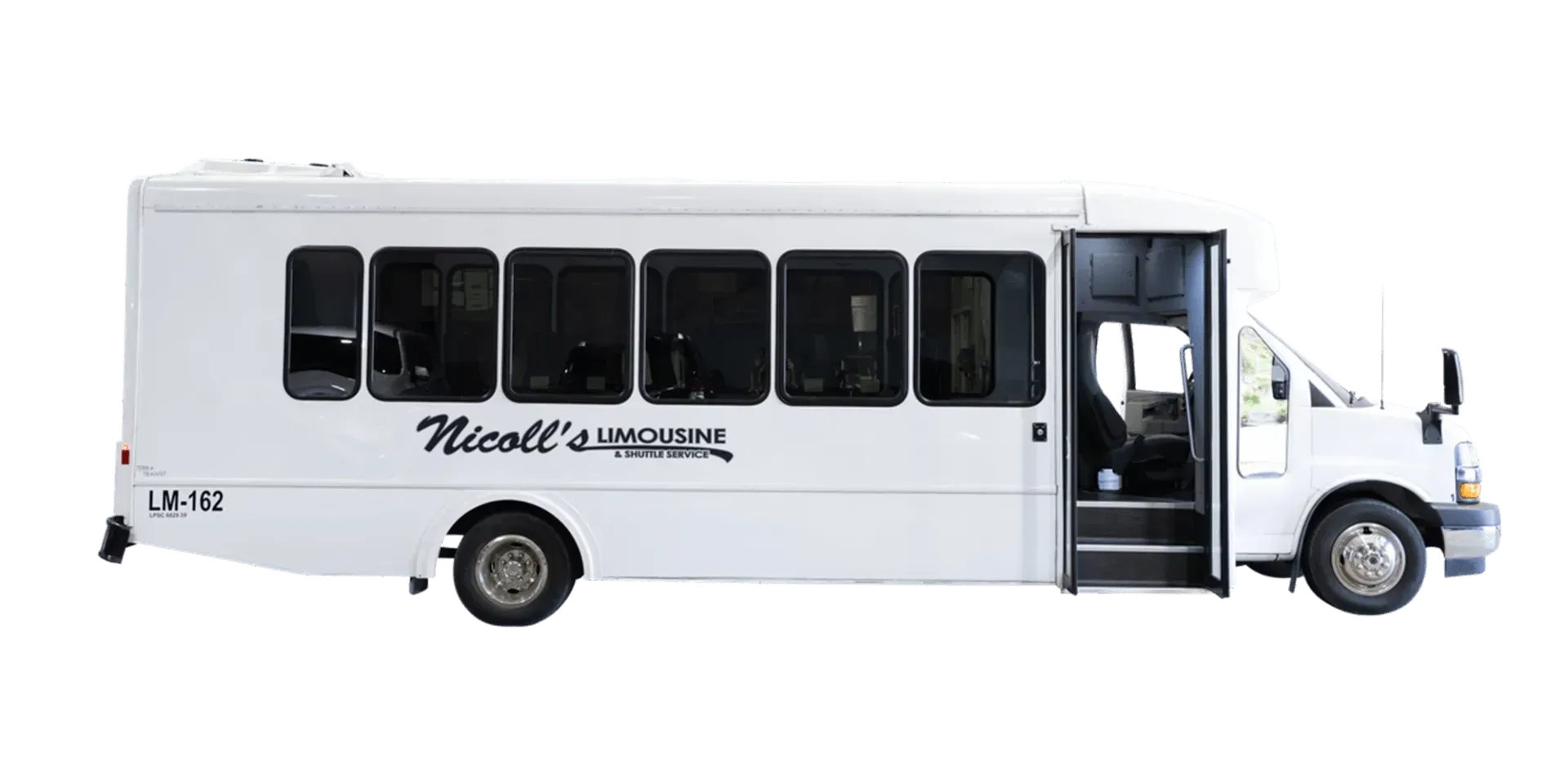White bus with open door, logo 
