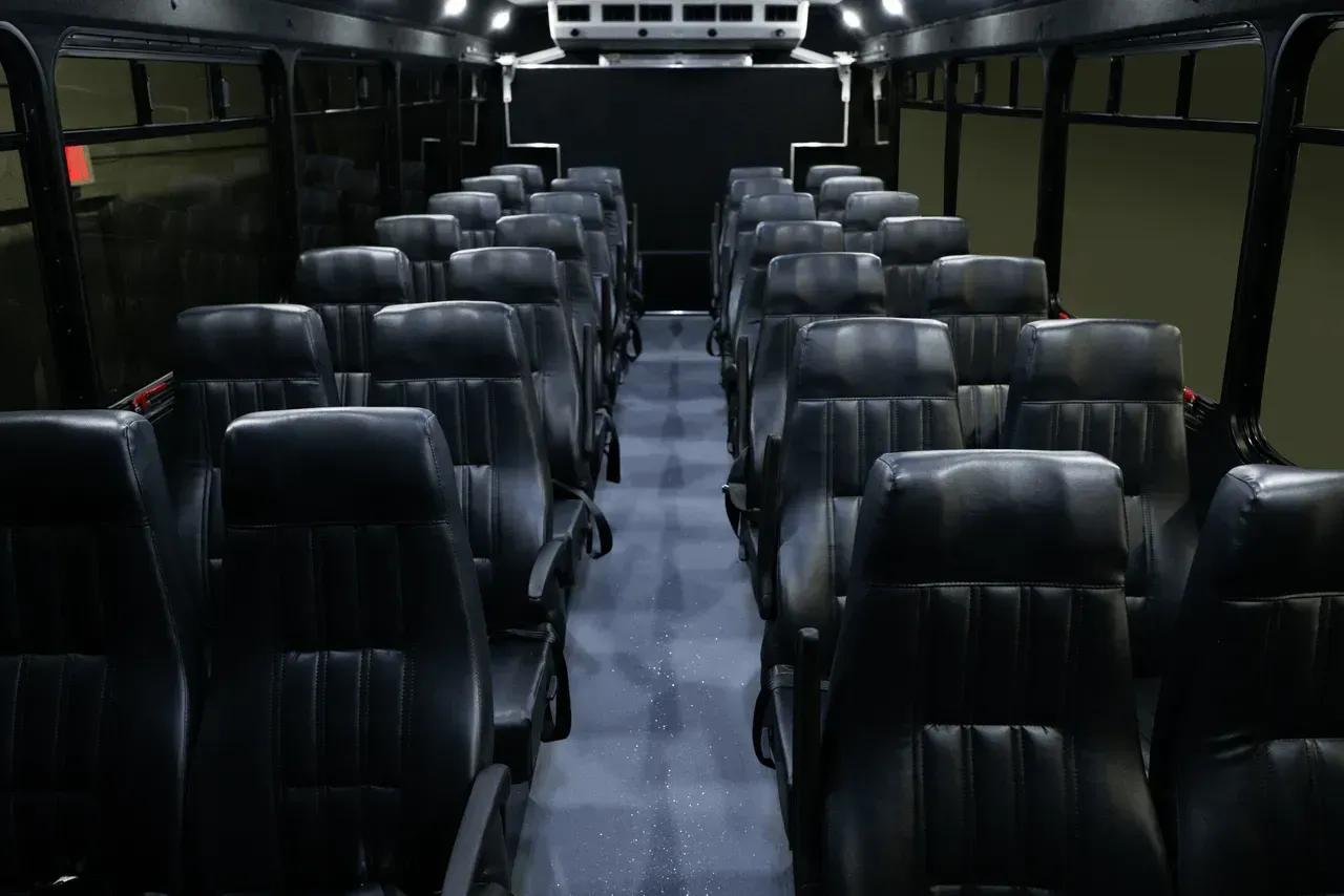 Interior of a bus, black seats arranged in rows, central aisle. Dark setting, overhead lights.