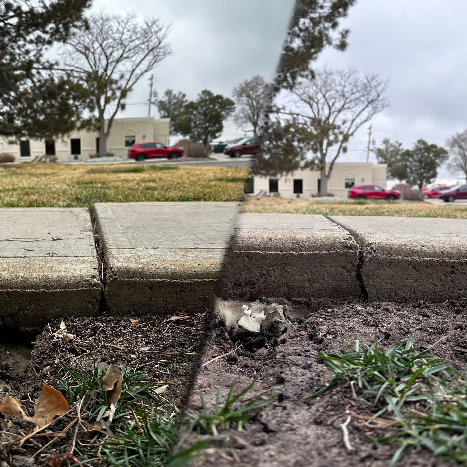 Concrete blocks border a patch of dirt and grass, with a building and cars in the blurred background.