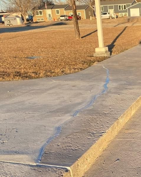 A cracked concrete sidewalk with a blue sealant running along the crack; a sunny outdoor setting.