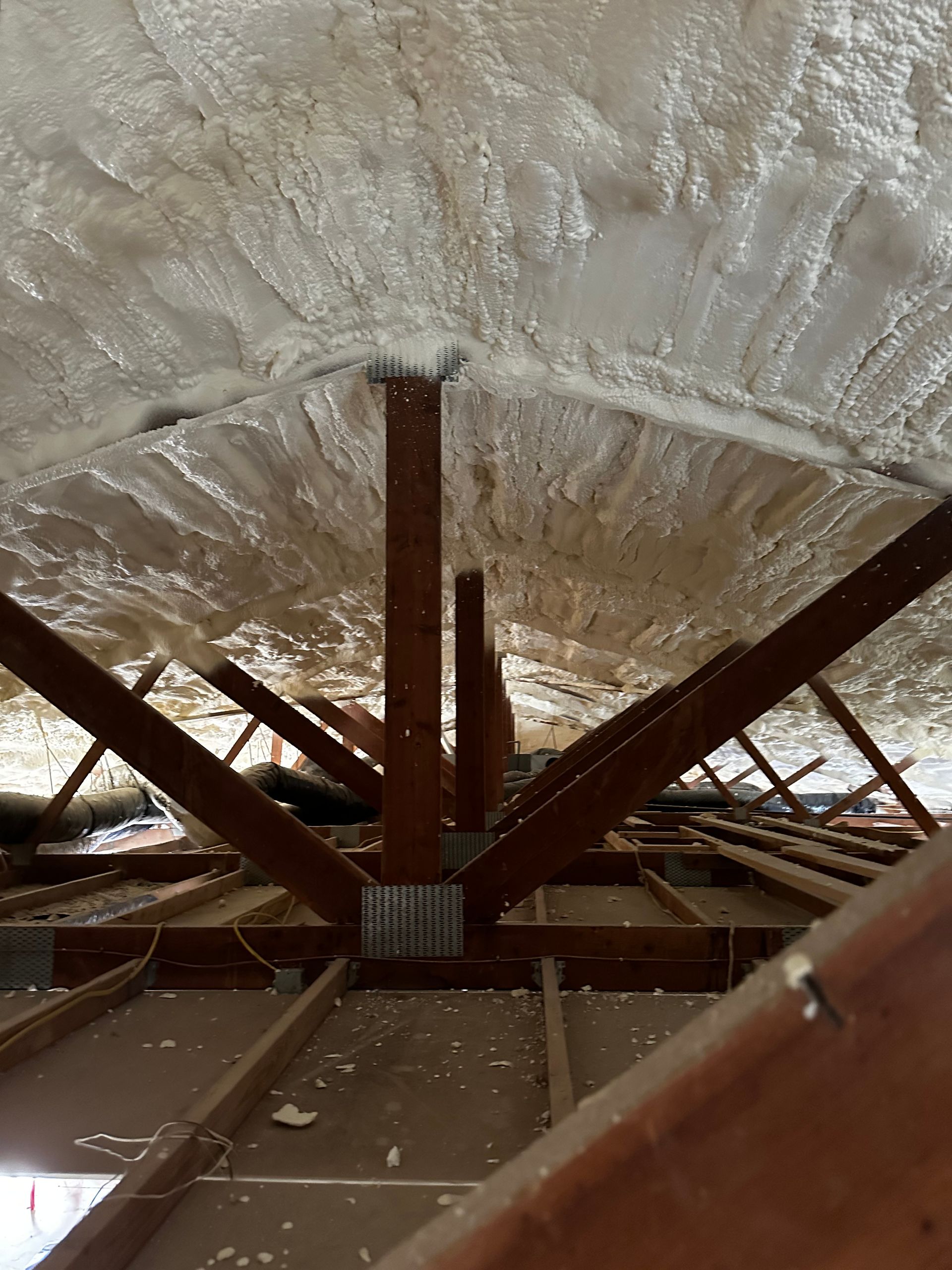 Interior view of a roof with brown trusses and spray foam insulation.