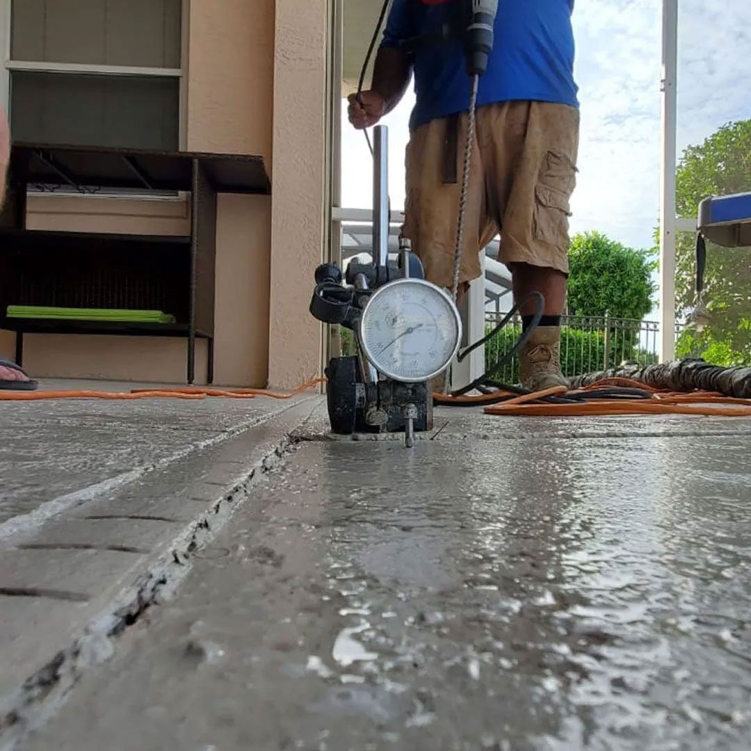 Person using a measuring device on a wet concrete surface outdoors.