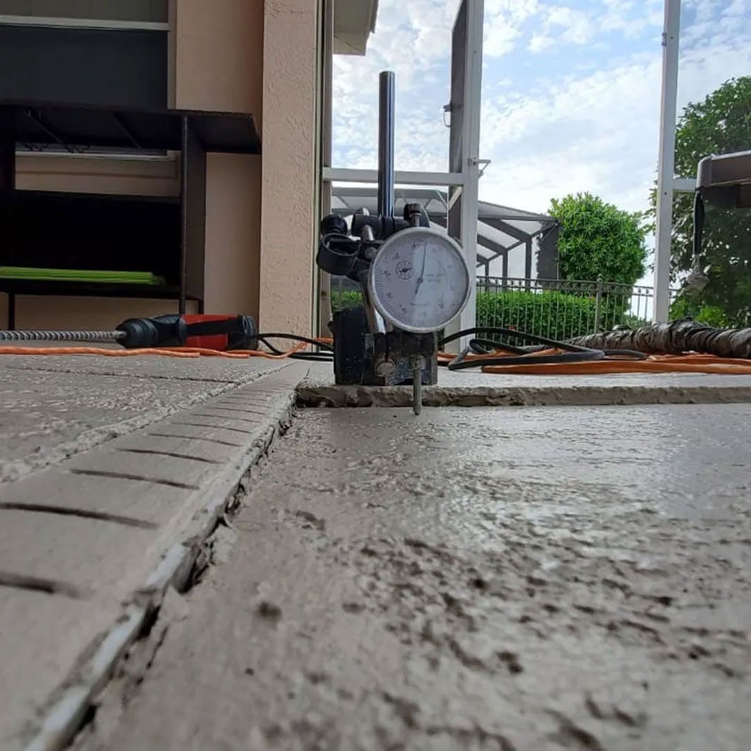 Close-up of a dial gauge measuring concrete surface. Outdoor setting with a partially visible building and sky.