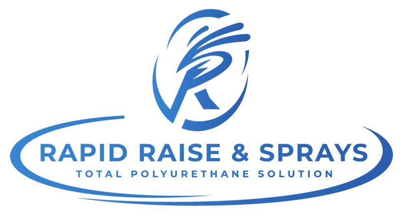 Logo of "Rapid Raise & Sprays" with a blue oval and "R" in the center with spray details.