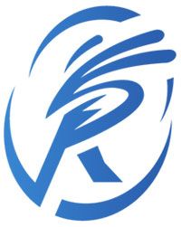 Blue stylized "R" within a circle with dynamic lines, possibly a logo.