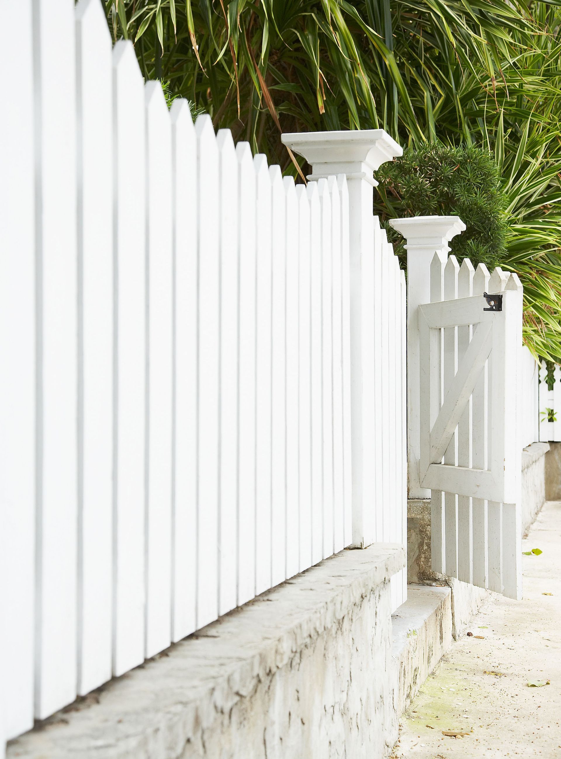 A white picket fence with a gate leading to a sidewalk.