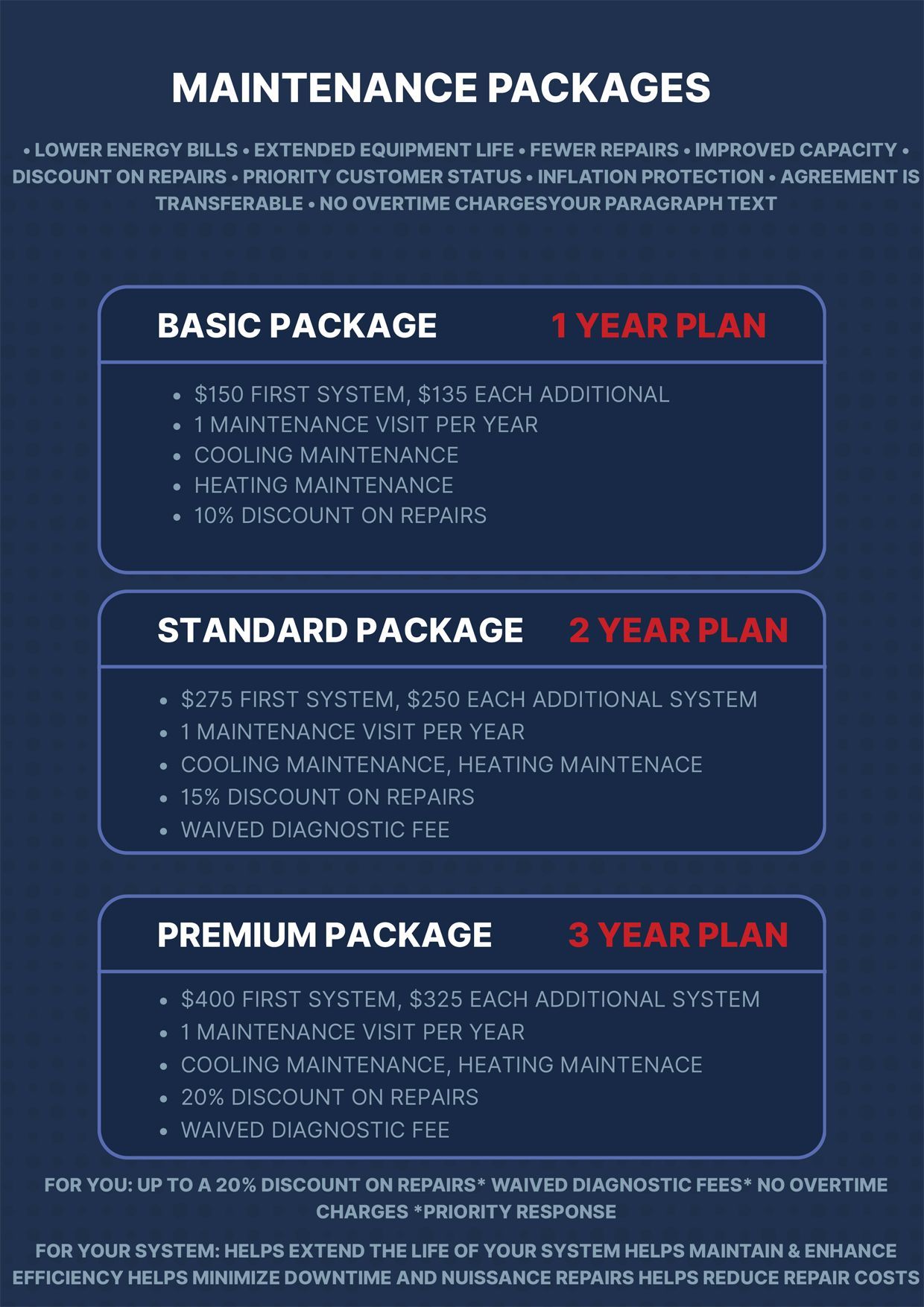 Maintenance packages: Basic, Standard, Premium with 1, 2, and 3-year plans. Lists services included in each.