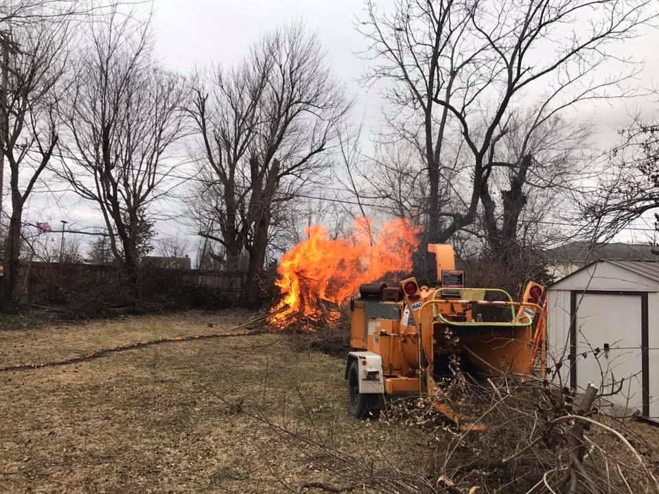 A brush pile burning in a yard, with a wood chipper nearby and leafless trees.