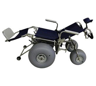 A blue wheelchair with large wheels on a white background.