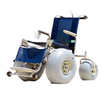 A blue wheelchair with large wheels on a white background