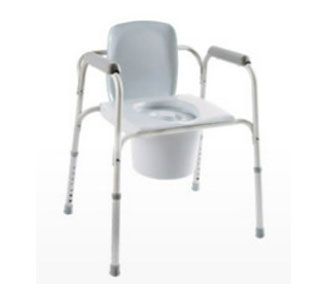 A white commode chair with a bucket attached to it