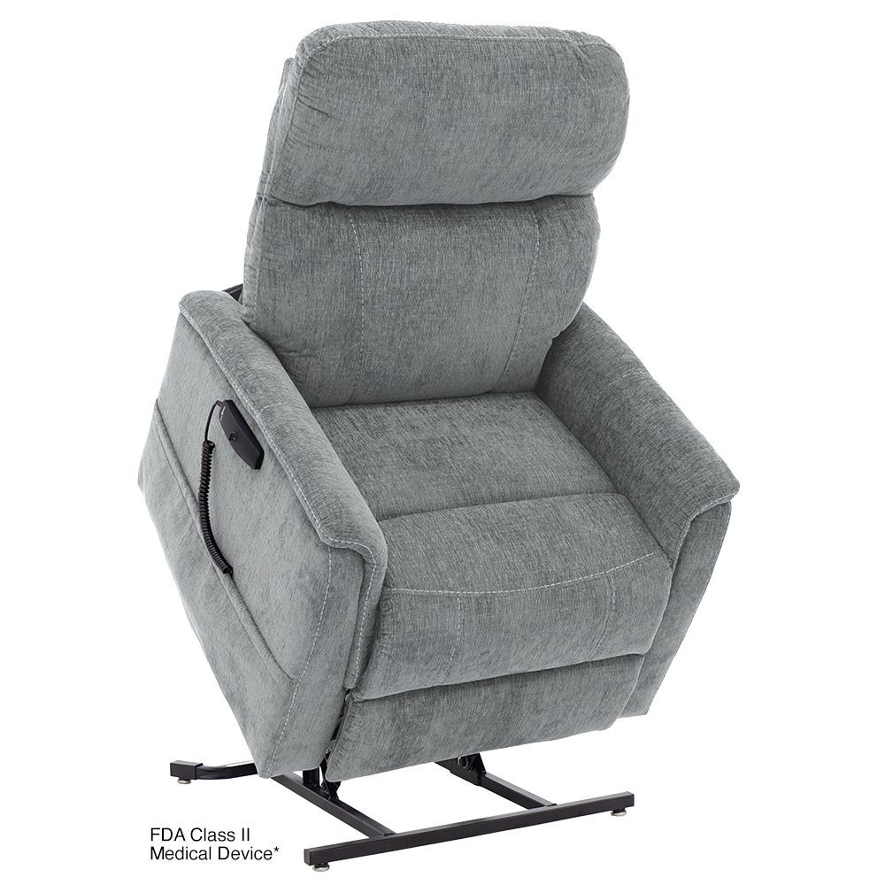 Gray lift recliner chair, featuring a headrest, armrests, and a rising base.