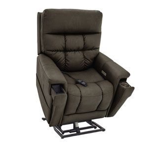 A brown recliner with a remote control on it on a white background.
