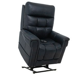 A black leather recliner with a remote control on a white background.