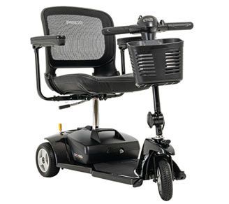 A black mobility scooter with a basket on the front.