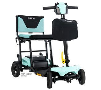 Light blue and black Pride mobility scooter with basket and seat, outdoors.