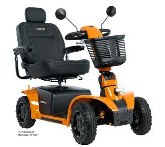 Orange Pride mobility scooter with black seat, basket, and tires.