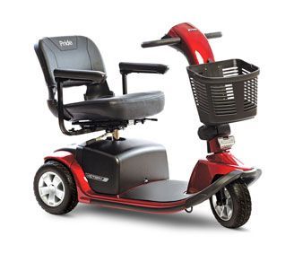 A red mobility scooter with a basket attached to the front.