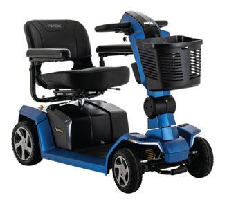 A blue mobility scooter with a basket on the front.