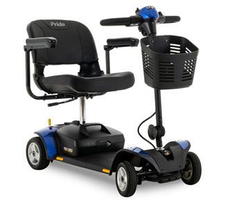 A blue and black mobility scooter with a basket attached to it.