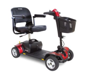 A red and black mobility scooter with a basket on the front.