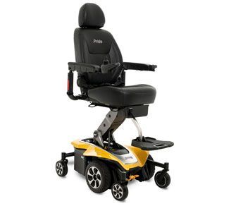 A yellow and black electric wheelchair on a white background.