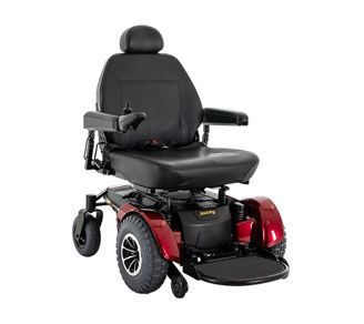 A red and black electric wheelchair on a white background.