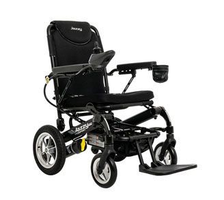 A black electric wheelchair on a white background.