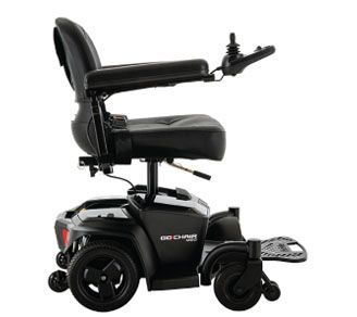 A black electric wheelchair is shown from the side on a white background.