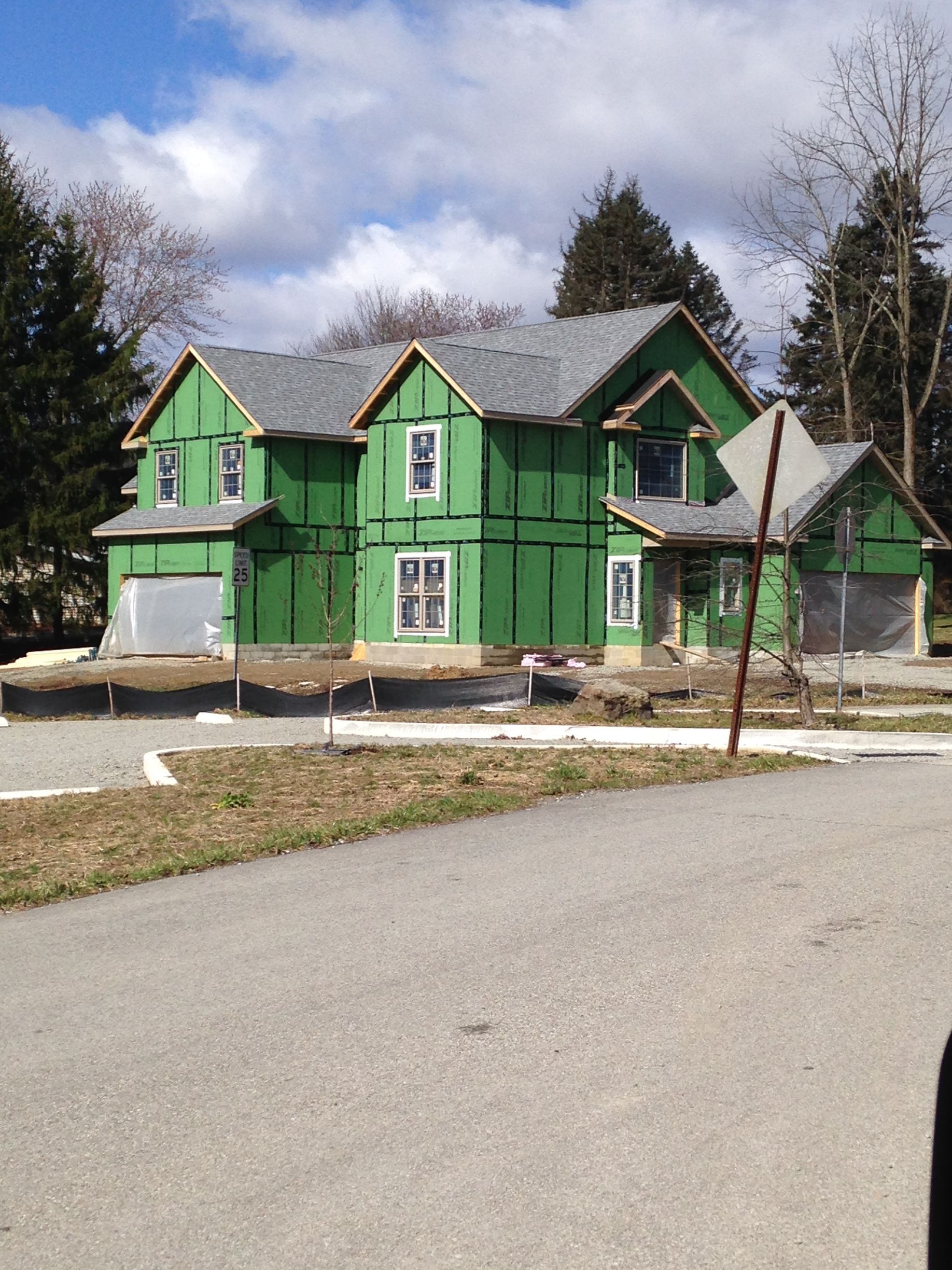 Green two-story house under construction on a suburban street, with bare trees and a cloudy sky.