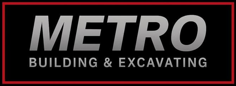 Metro Building & Excavating logo in silver text inside a red-outlined black rectangle.