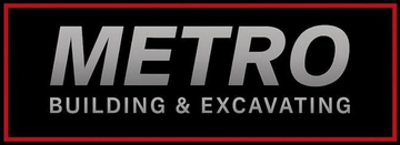 Metro Building & Excavating logo in silver text inside a red-outlined black rectangle.
