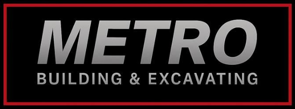 Logo reading &ldquo;METRO BUILDING & EXCAVATING&rdquo; in gray on a black background with a red border