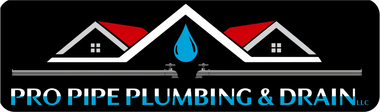 Pro Pipe Plumbing & Drain logo with roof icons and blue water droplet on black background