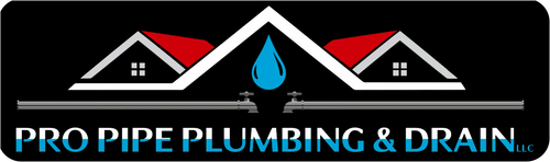 Pro Pipe Plumbing & Drain logo with roof icons and blue water droplet on black background