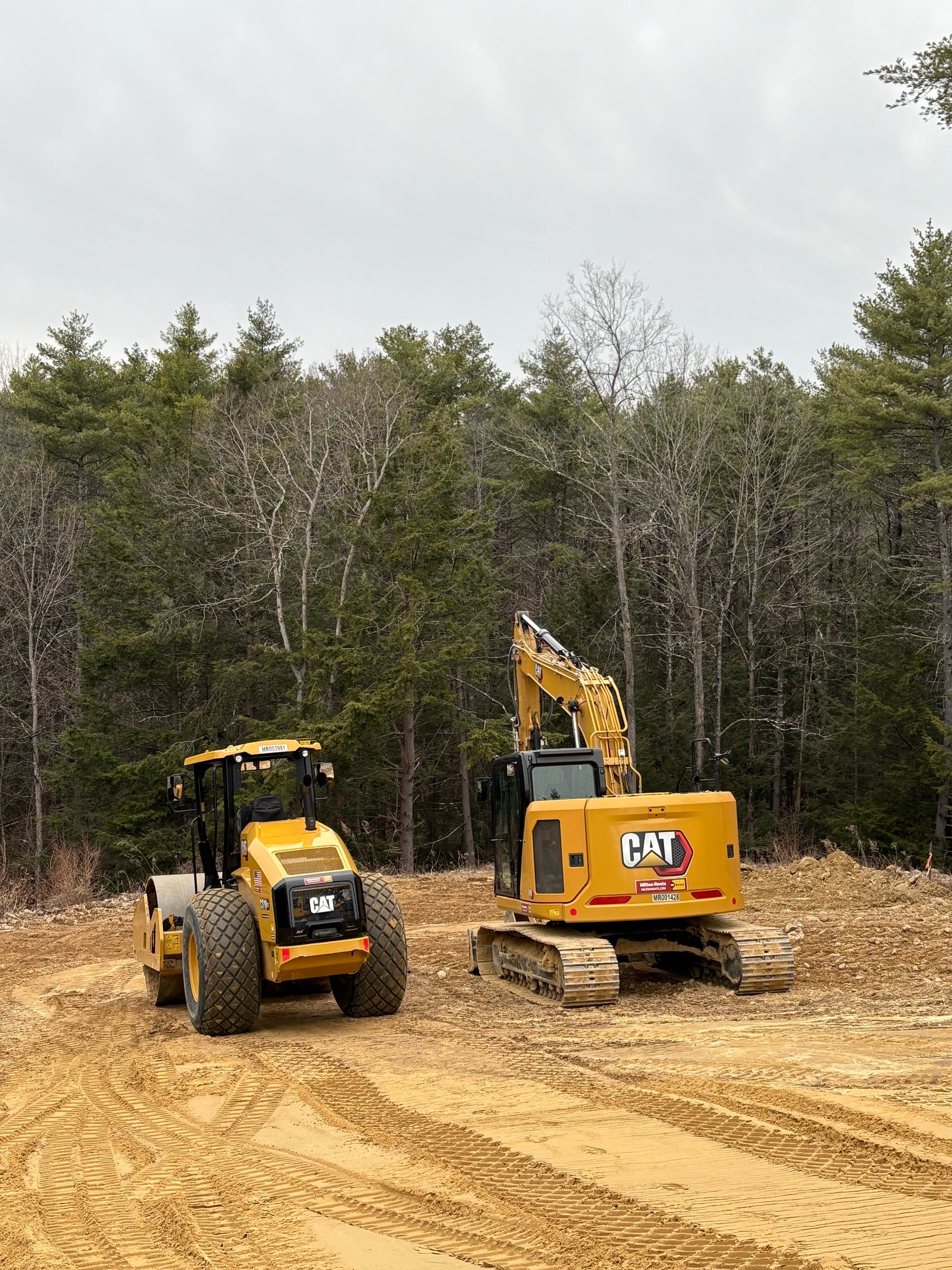 A yellow Caterpillar soil compactor and an excavator parked on a cleared dirt lot in front of a forest.