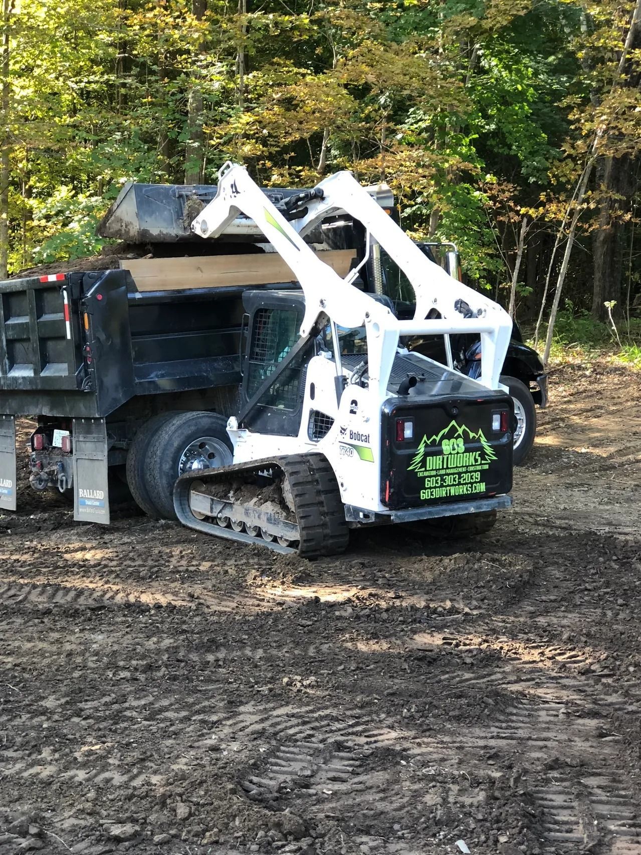 White track skid steer loading a black dump truck with dirt in a wooded area.
