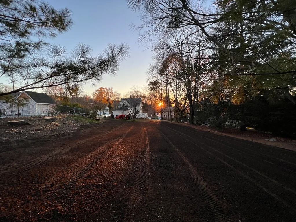 Dirt road leading to a town at sunset; trees frame the sky; ground in shadows and sunlight.