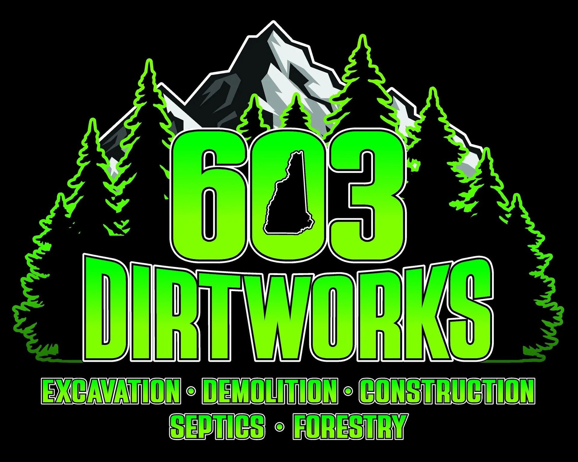Logo for 603 Dirtworks with New Hampshire outline, mountains, and trees, in green and white on black background.