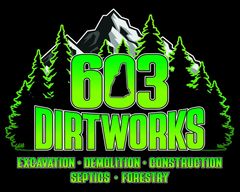 Logo for 603 Dirtworks with New Hampshire outline, mountains, and trees, in green and white on black background.