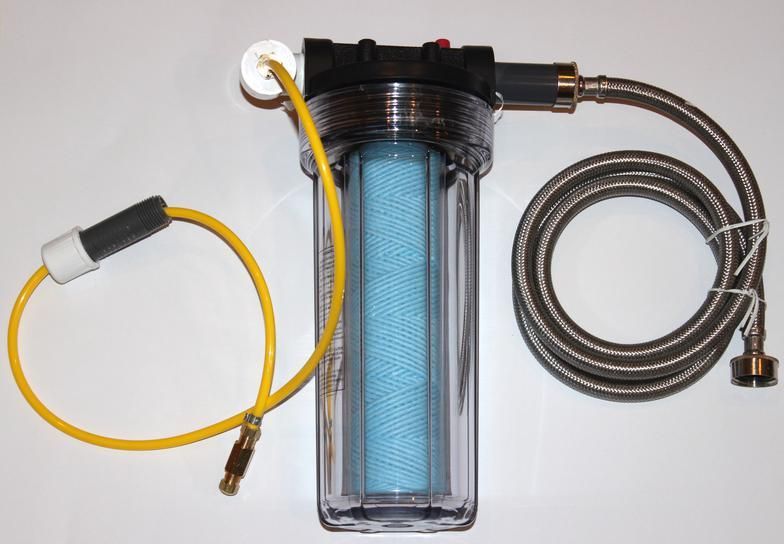 Whole-house water filter with blue cartridge and yellow and silver hoses on a white background