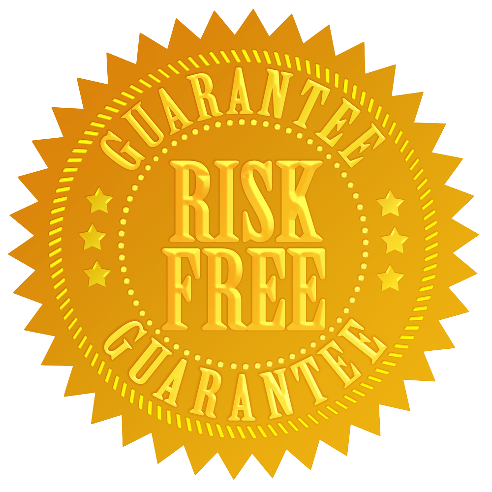 Gold “Risk Free” guarantee seal with circular starburst design and repeated “Guarantee” text