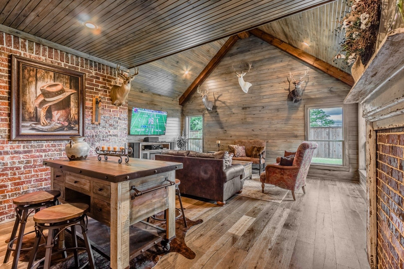 cabin-style interiors with wood and brick elements