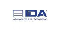 Logo for the International Door Association: blue text, garage door symbol, and the acronym “IDA.”
