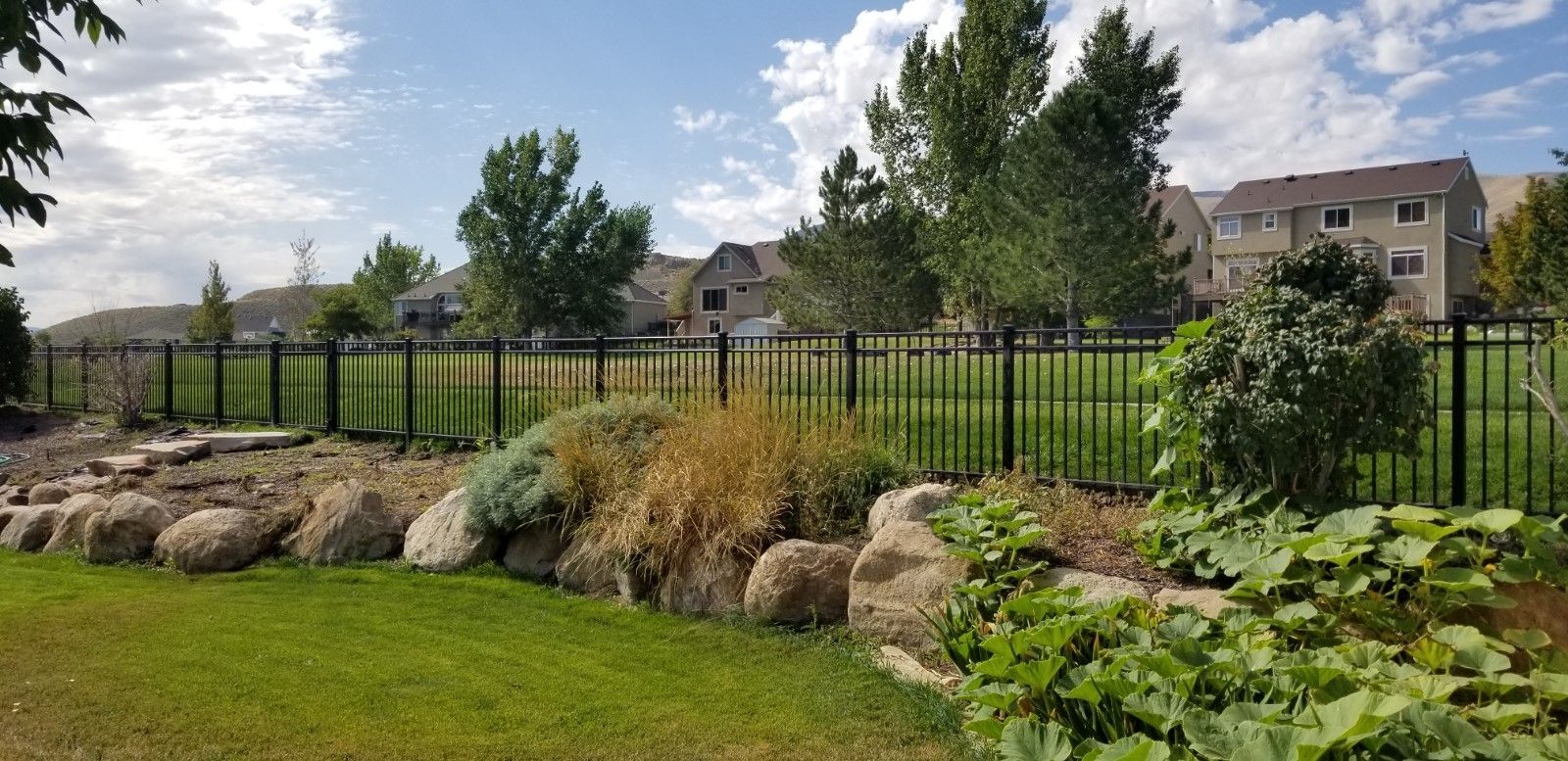 A black metal fence surrounds a lush green field.