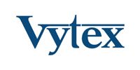Vytex logo in blue serif lettering on a white background
