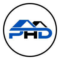 PHD logo in blue and black inside a black circle on a white background