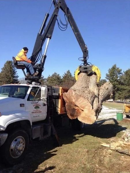 A utility truck operator uses a hydraulic crane and grapple to lift a large tree trunk section outdoors.