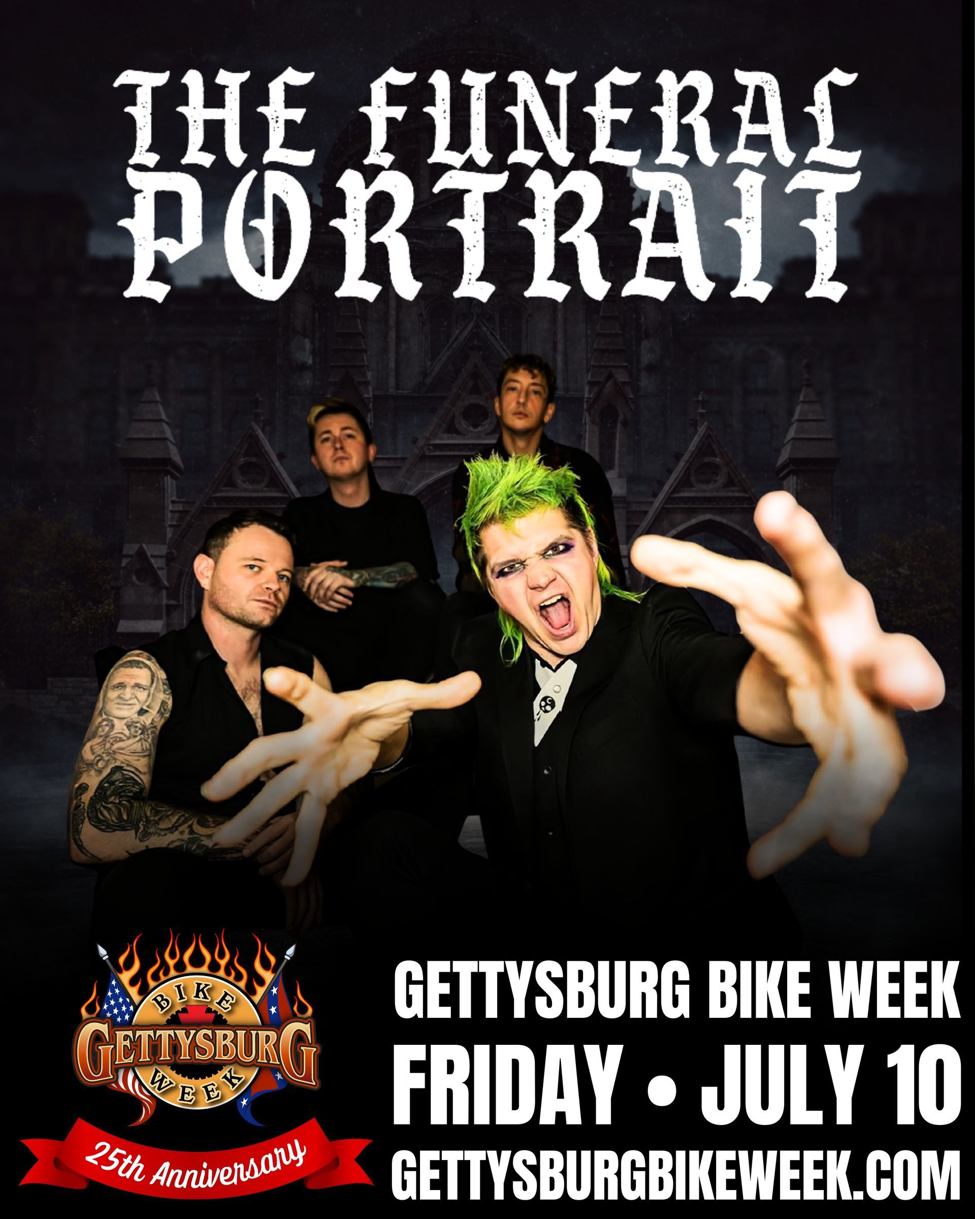 Band The Funeral Portrait performs at Gettysburg Bike Week, July 10. Band members pose, one with green hair.